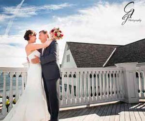 Bride and Groom in front of the Sagamore Resort in Lake George New York