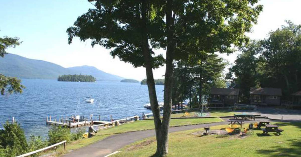 view of picnic area and a lake