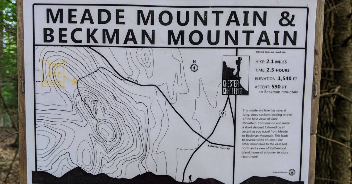 trail sign for Meade and Beckham mountains and Chester Challenge