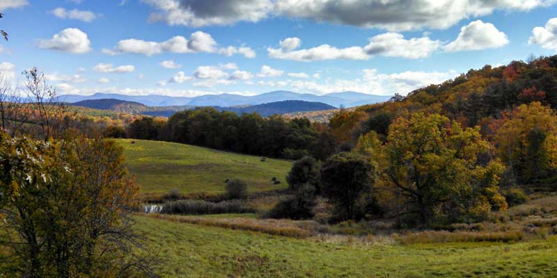 scenic view of fields, trees, mountains, and clouds