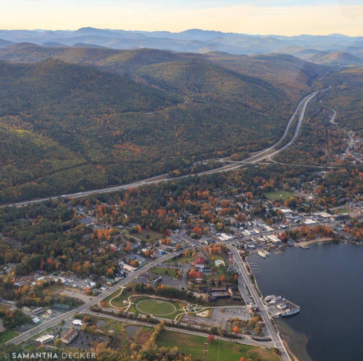 Aerial view of Lake George Village in the fall