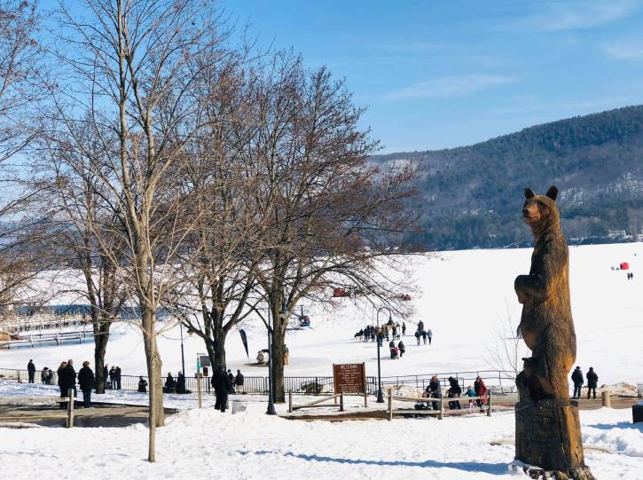 Bear statue with snow & frozen lake in background