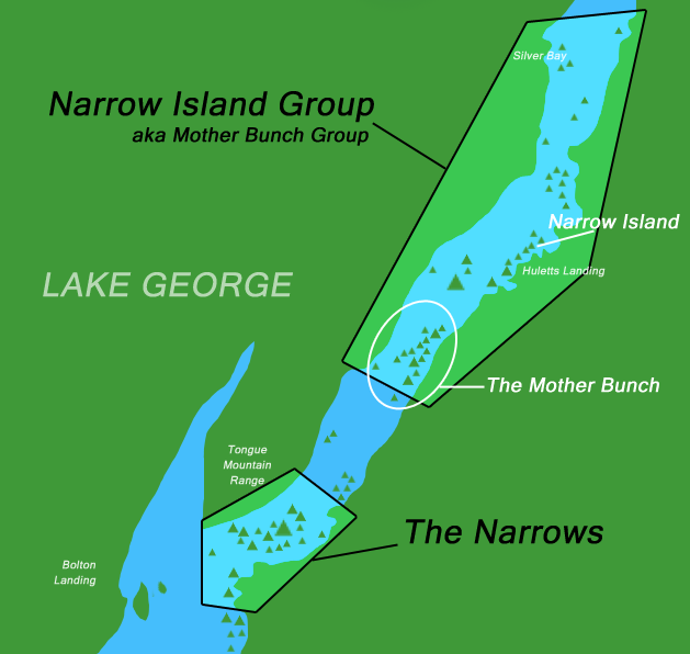 map of lake george showing the difference between 'the narrows' and the narrow island group