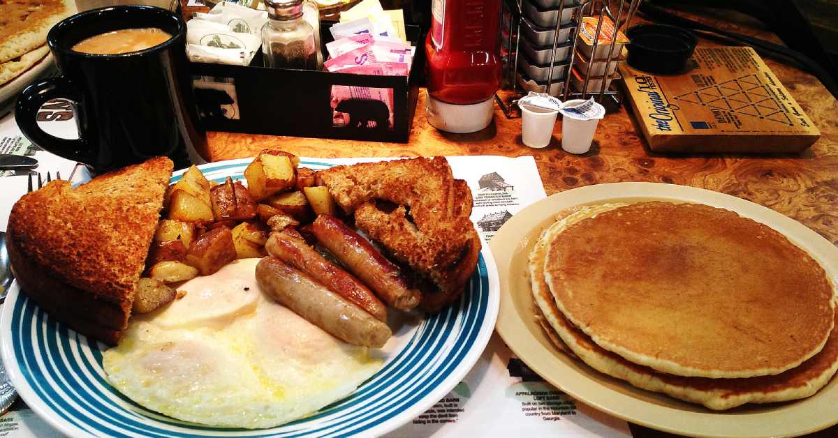 pancakes, eggs, toast, and coffee at the silo