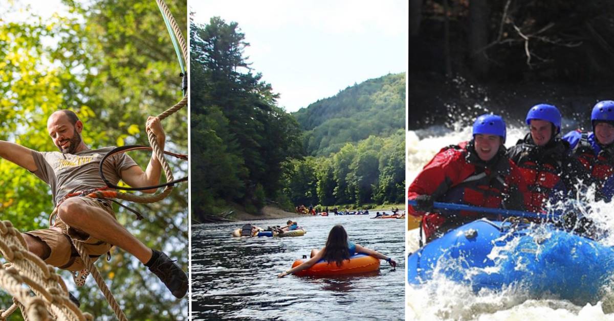 three images, of treetop climbing, lazy river tubing, and whitewater rafting